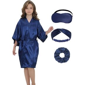 NOWDER Kids Satin Silky Robe Set for Spa Birthday Bridal Party Flower Girl Kimono Robe with Eye Mask Hair Hand Hair Ring