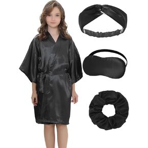 NOWDER Kids Satin Silky Robe Set for Spa Birthday Bridal Party Flower Girl Kimono Robe with Eye Mask Hair Hand Hair Ring
