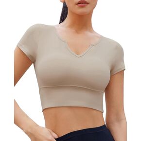 As Fairy Womens Crop Tops Short Sleeve Seamless Workout Tops Padded Slim Fit Vneck Athletic Gym Shirt Basic Yoga Tshirts Tee in Kuwait