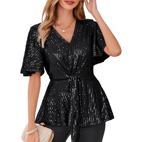 GRACE KARIN 2023 Women's Elegant Sequin Tops V Neck Tie Front Short Bell Sleeve Shirts Peplum Tops Blouse