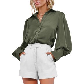 BTFBM Women's Satin Button Down Shirts Summer Fall Lantern Long Sleeve Lapel V Neck Blouse Loose Casual Office Work Tops