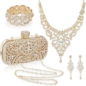 Quelay 4 Pcs Gold Purse Rhinestone Jewelry Set Evening Clutch Bag Bling Crystal Necklace Dangle Earrings Glitter Bracelets Gold Accessories for Women Bridal Wedding Formal Prom Party