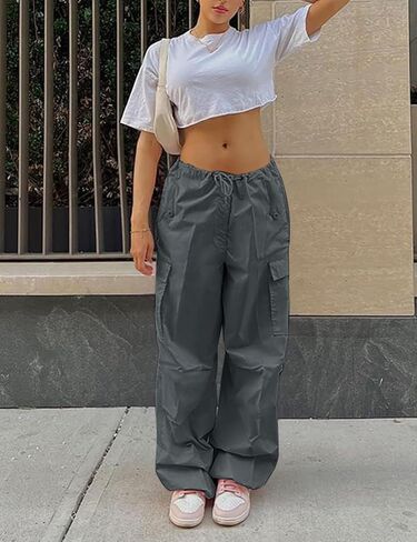MACNOORA Women's Parachute Pants Drawstring Elastic Waist Sweatpants Baggy Y2K Cargo Pants with Pockets in Kuwait