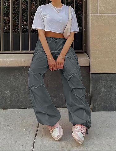 MACNOORA Women's Parachute Pants Drawstring Elastic Waist Sweatpants Baggy Y2K Cargo Pants with Pockets in Kuwait