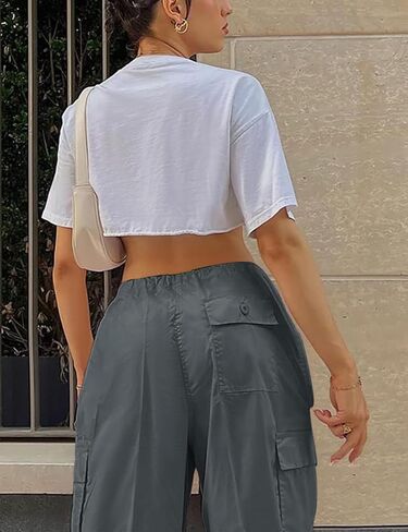 MACNOORA Women's Parachute Pants Drawstring Elastic Waist Sweatpants Baggy Y2K Cargo Pants with Pockets in Kuwait