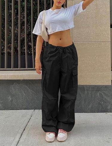 MACNOORA Women's Parachute Pants Drawstring Elastic Waist Sweatpants Baggy Y2K Cargo Pants with Pockets in Kuwait