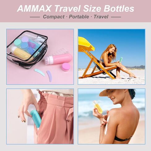مجموعة زجاجات السفر من السيليكون المقاومة للتسرب المكونة من 19 قطعة من AMMAX، حاويات معتمدة من إدارة أمن المواصلات الأمريكية لمستلزمات الزينة وإكسسوارات بحجم السفر وزجاجات بلسم الشامبو مع حقيبة أدوات الزينة in Kuwait