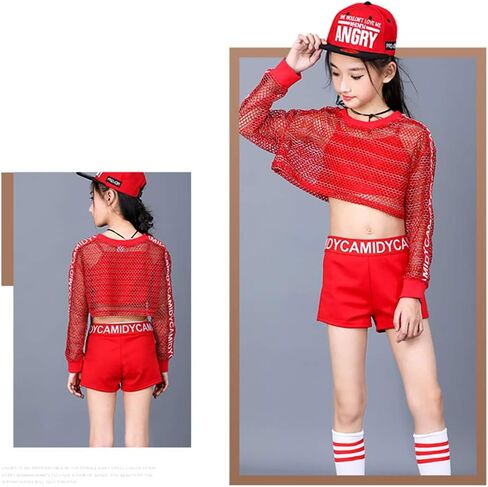 ملابس رقص للفتيات لموسيقى الجاز الهيب هوب، مجموعة ملابس قصيرة للأطفال مكونة من 4 قطع باللون الأحمر in Kuwait