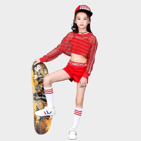 ملابس رقص للفتيات لموسيقى الجاز الهيب هوب، مجموعة ملابس قصيرة للأطفال مكونة من 4 قطع باللون الأحمر in Kuwait