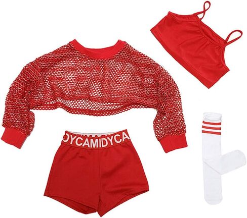 ملابس رقص للفتيات لموسيقى الجاز الهيب هوب، مجموعة ملابس قصيرة للأطفال مكونة من 4 قطع باللون الأحمر in Kuwait