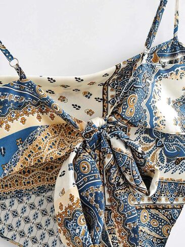 Women's French Hanky Hem Tie Back Ajustable Spaghetti Strap Satin Silk Camisole Bandana Crop Top in Saudi Arabia