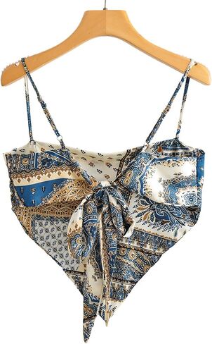 Women's French Hanky Hem Tie Back Ajustable Spaghetti Strap Satin Silk Camisole Bandana Crop Top in Saudi Arabia