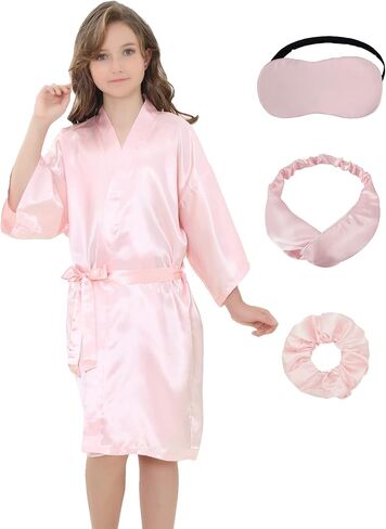 NOWDER Kids Satin Silky Robe Set for Spa Birthday Bridal Party Flower Girl Kimono Robe with Eye Mask Hair Hand Hair Ring in Saudi Arabia