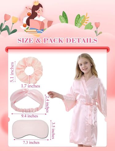 NOWDER Kids Satin Silky Robe Set for Spa Birthday Bridal Party Flower Girl Kimono Robe with Eye Mask Hair Hand Hair Ring in Saudi Arabia