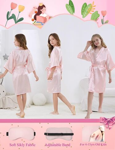 NOWDER Kids Satin Silky Robe Set for Spa Birthday Bridal Party Flower Girl Kimono Robe with Eye Mask Hair Hand Hair Ring in Saudi Arabia