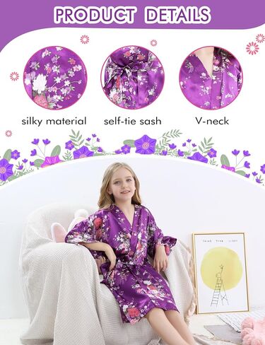 MEIKLE Kids أردية حريرية زهرية للفتيات وحفلات السبا وحفلات الزفاف وحفلات الزفاف وفتاة الزهور مع رباط شعر معصوب العينين وعصابة رأس in Saudi Arabia