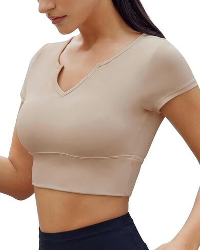 As Fairy Womens Crop Tops Short Sleeve Seamless Workout Tops Padded Slim Fit Vneck Athletic Gym Shirt Basic Yoga Tshirts Tee in Kuwait