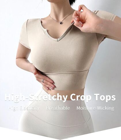 As Fairy Womens Crop Tops Short Sleeve Seamless Workout Tops Padded Slim Fit Vneck Athletic Gym Shirt Basic Yoga Tshirts Tee in Kuwait