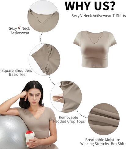 As Fairy Womens Crop Tops Short Sleeve Seamless Workout Tops Padded Slim Fit Vneck Athletic Gym Shirt Basic Yoga Tshirts Tee in Kuwait