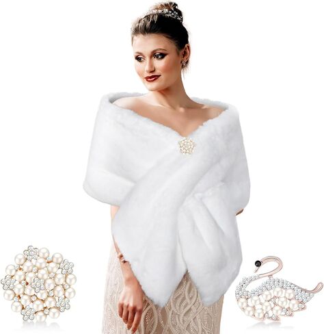 Jadive Women's Faux Fur Shawl Wrap Fake Fur Stoles Scarf Shrug Bridal Winter Wedding Evening Dress with 2 Rhinestone Brooches in Saudi Arabia