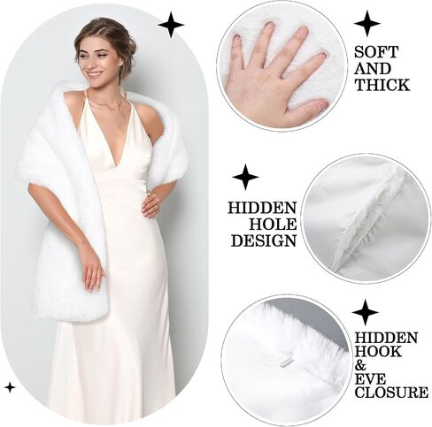 Jadive Women's Faux Fur Shawl Wrap Fake Fur Stoles Scarf Shrug Bridal Winter Wedding Evening Dress with 2 Rhinestone Brooches in Saudi Arabia