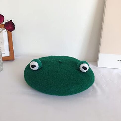 Kmiunty Women Frog Beret Handmade Green Frog Eyes Balls Beret Hat Soft Wool Cap Artist Painter Beret Hat Cosplay Beret in Kuwait