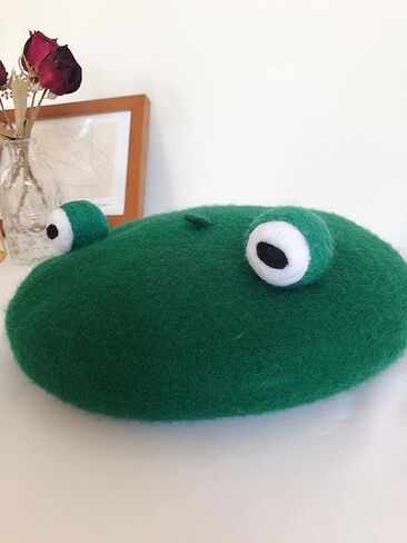 Kmiunty Women Frog Beret Handmade Green Frog Eyes Balls Beret Hat Soft Wool Cap Artist Painter Beret Hat Cosplay Beret in Kuwait