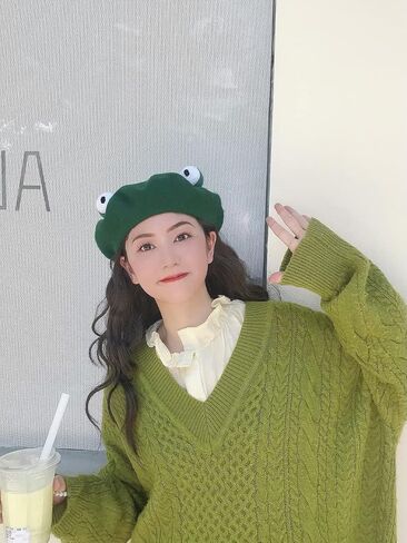 Kmiunty Women Frog Beret Handmade Green Frog Eyes Balls Beret Hat Soft Wool Cap Artist Painter Beret Hat Cosplay Beret in Kuwait