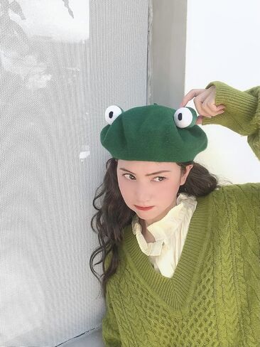 Kmiunty Women Frog Beret Handmade Green Frog Eyes Balls Beret Hat Soft Wool Cap Artist Painter Beret Hat Cosplay Beret in Kuwait