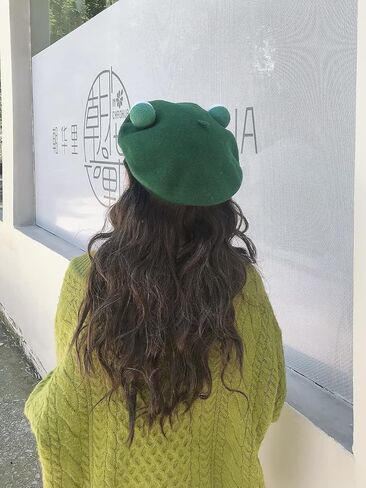 Kmiunty Women Frog Beret Handmade Green Frog Eyes Balls Beret Hat Soft Wool Cap Artist Painter Beret Hat Cosplay Beret in Kuwait
