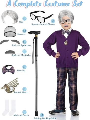 SOMSOC 14 قطعة 100 يوم من الأزياء المدرسية للأولاد والأطفال زي الرجل العجوز طقم أزياء الجد فستان إكسسوار للكوسبلاي in Kuwait