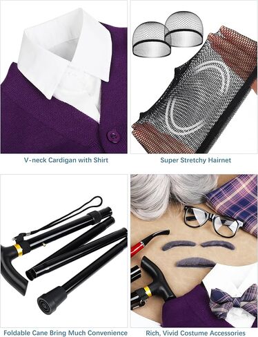 SOMSOC 14 قطعة 100 يوم من الأزياء المدرسية للأولاد والأطفال زي الرجل العجوز طقم أزياء الجد فستان إكسسوار للكوسبلاي in Kuwait