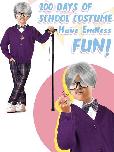 SOMSOC 14 قطعة 100 يوم من الأزياء المدرسية للأولاد والأطفال زي الرجل العجوز طقم أزياء الجد فستان إكسسوار للكوسبلاي in Kuwait