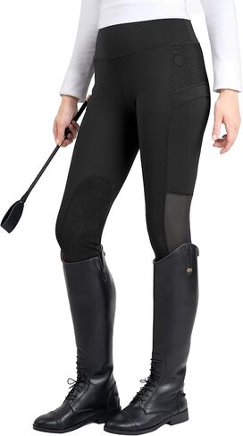 FitsT4 Women's Horse Riding Tights Pockets Knee-Patch Cooling Mesh Equestrian Breeches Black in Saudi Arabia