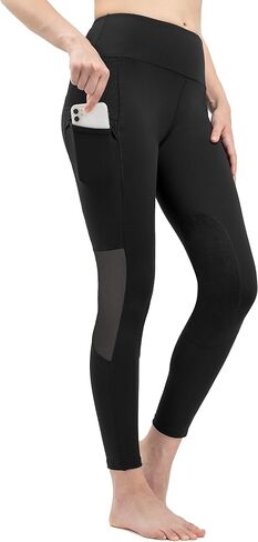 FitsT4 Women's Horse Riding Tights Pockets Knee-Patch Cooling Mesh Equestrian Breeches Black in Saudi Arabia