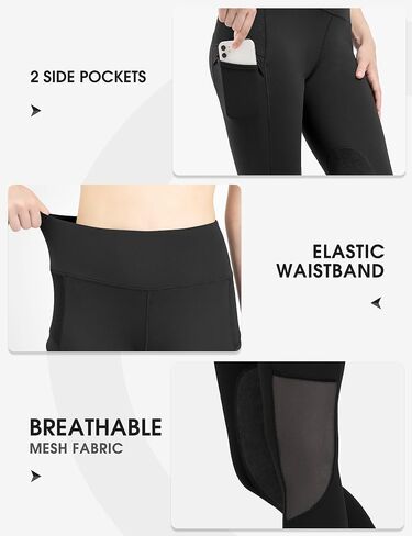 FitsT4 Women's Horse Riding Tights Pockets Knee-Patch Cooling Mesh Equestrian Breeches Black in Saudi Arabia
