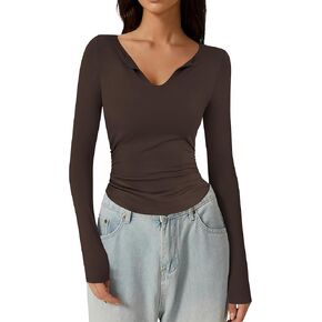 LUYAA Women's Long Sleeve Shirts V Neck Going Out Crop Tops Spring Basic Tight Slim Fit Ruched Top in Kuwait