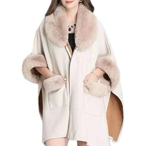 Iristide Women Poncho with Pocket Warm Cashmere Cardigan Cape with Rabbit Fur