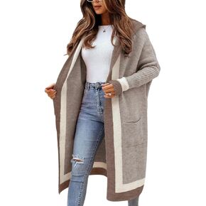 chouyatou Women's Color Block Vertical Striped Open Front Oversized Hooded Long Cardigan Sweaters with Pockets in Kuwait
