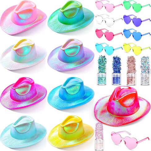 Coume 23 Pcs Cowboy Light up Hat Bulk Sparkly Holographic Cowgirl Hats with Heart Sunglasses for Women Costume Western Party in Saudi Arabia
