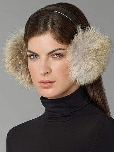 Surell Genuine Soft Beige Coyote Fur Earmuffs with Black Non Adjustable Velvet Head Band - Winter Fashion Ear Warmers - Perfect Elegant Women's Luxury Gift in Saudi Arabia