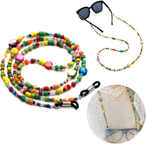 Genericaa زجاج مطرز سلسلة النظارات للنساء، نمط بوهيمي نمط اللون الخرز الحبل المزدوج الأغراض قناع حزام ، النظارات الشمسية حامل سلسلة حول الرقبة نظارات الشريط سلاسل للنساء والأطفال البنات هدية in Kuwait