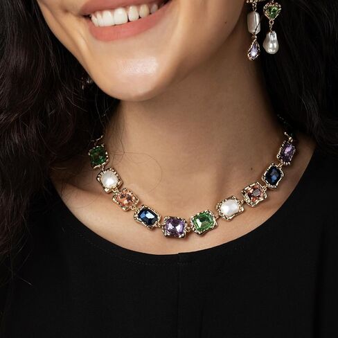 hopmiss الباروك اللؤلؤ بيان طوق قلادة مع حجر الراين كابوشون الأوجه، الفاخرة المنصهر الملمس قلادة مكتنزة مع الأحجار الكريمة الملونة عيد الميلاد للنساء، الملمس المعدني بيان قلادة للحزب in Kuwait