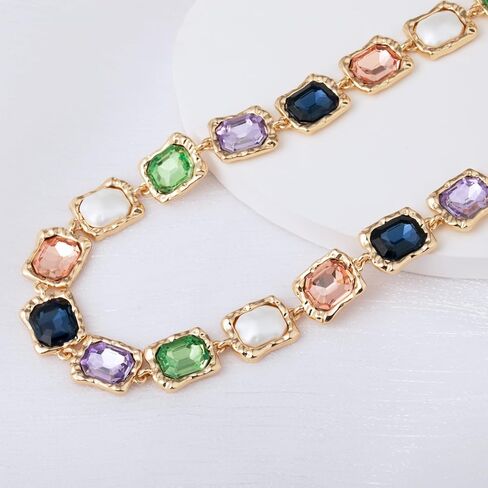 hopmiss الباروك اللؤلؤ بيان طوق قلادة مع حجر الراين كابوشون الأوجه، الفاخرة المنصهر الملمس قلادة مكتنزة مع الأحجار الكريمة الملونة عيد الميلاد للنساء، الملمس المعدني بيان قلادة للحزب in Kuwait