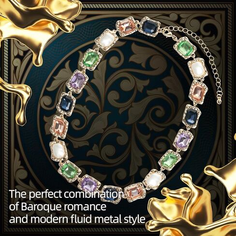 hopmiss الباروك اللؤلؤ بيان طوق قلادة مع حجر الراين كابوشون الأوجه، الفاخرة المنصهر الملمس قلادة مكتنزة مع الأحجار الكريمة الملونة عيد الميلاد للنساء، الملمس المعدني بيان قلادة للحزب in Kuwait