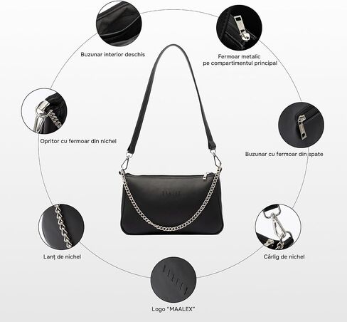 MAALEX Small Shoulder Bag with Removable Strap and Chain, CrossBody Clutch Tote Purse Handbag for Women Vegan Leather with Zipper Closure, Black in Saudi Arabia