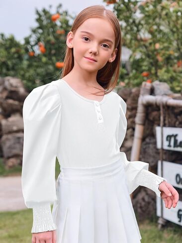 قمصان منتفخة بأكمام طويلة للفتيات، قمصان علوية متماسكة مضلعة ورقبة دائرية للأطفال من عمر 5 إلى 14 عامًا in Kuwait