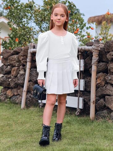 قمصان منتفخة بأكمام طويلة للفتيات، قمصان علوية متماسكة مضلعة ورقبة دائرية للأطفال من عمر 5 إلى 14 عامًا in Kuwait