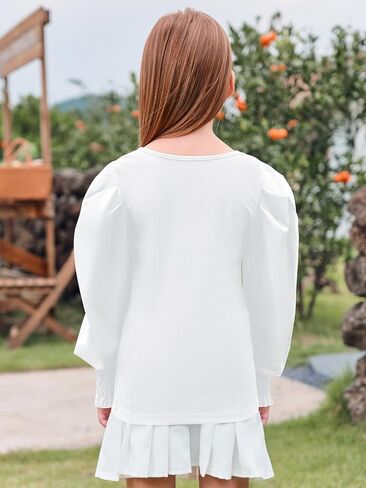 قمصان منتفخة بأكمام طويلة للفتيات، قمصان علوية متماسكة مضلعة ورقبة دائرية للأطفال من عمر 5 إلى 14 عامًا in Kuwait