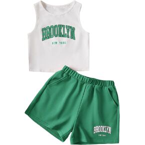 OYOANGLE Girl's Two Piece Athletic Outfits Letter Graphic Print Sleeveless Tank Top and Shorts Set